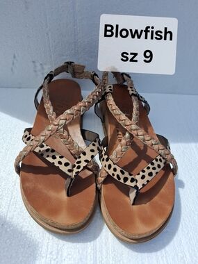 Blowfish Tan Sandals with Leopard Spot Braided Straps